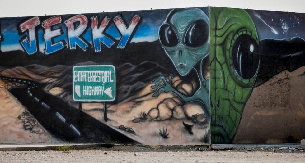 Aliens are about the Extraterrestrial Highway on a mural near the E-T- Fresh Jerky store on Thu ...