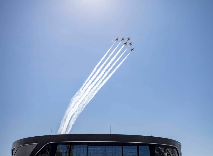 The U.S. Air Force Thunderbirds fly over the Allegiant Stadium on Monday, Aug. 31, 2020. (Eliza ...