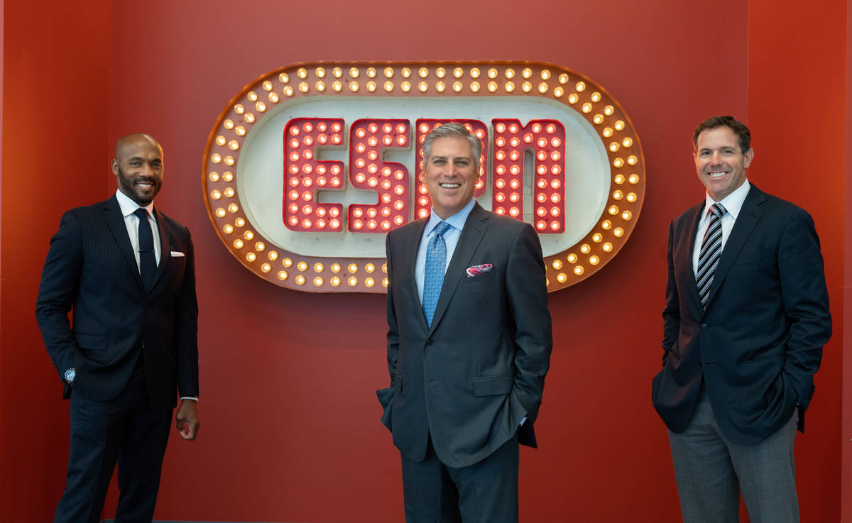Bristol, CT - September 2, 2020 - DC2: Steve Levy, Brian Griese and Louis Riddick posing by the ...