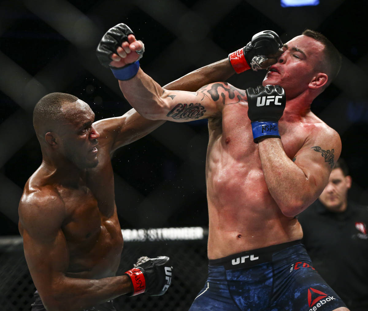 Kamaru Usman, left, fights Colby Covington during their welterweight title boutÊin UFC 245 ...
