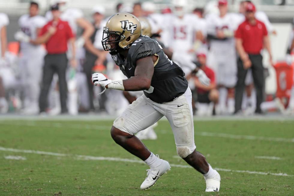 In this Sept. 14, 2019 file photo, Central Florida linebacker Eriq Gilyard rushes the Stanford ...