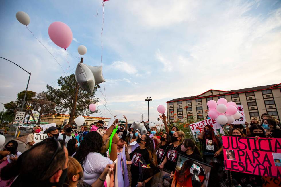 Balloons are released during a gathering in memory of Lesly Palacio, who was found slain near V ...