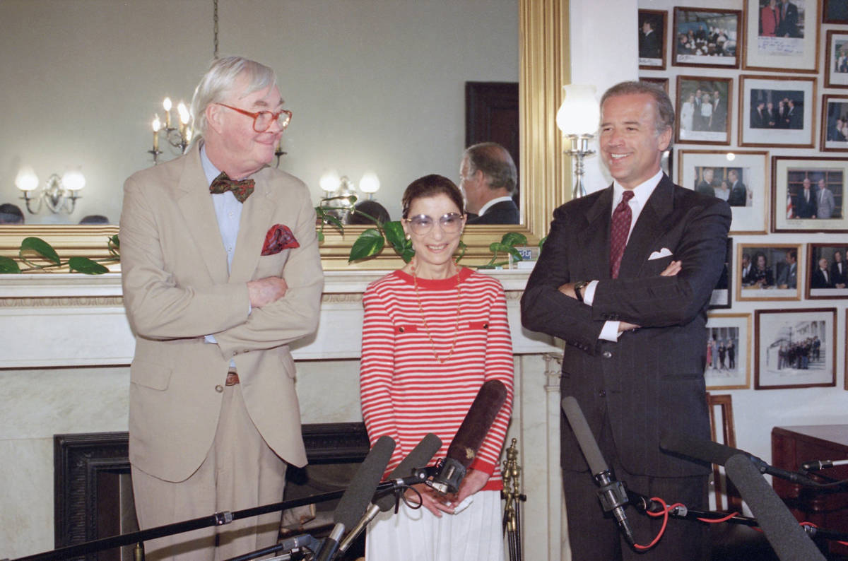 In this June 15, 1993, file photo, Judge Ruth Bader Ginsburg poses with Sen. Daniel Patrick Moy ...