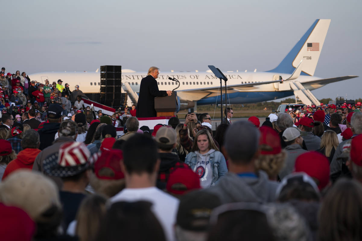 President Donald Trump speaks during a campaign rally at Bemidji Regional Airport, Friday, Sept ...
