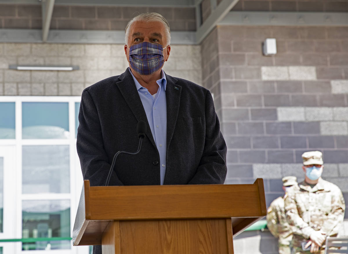 Gov. Steve Sisolak addresses the audience at a ribbon cutting ceremony for the Speedway Readine ...