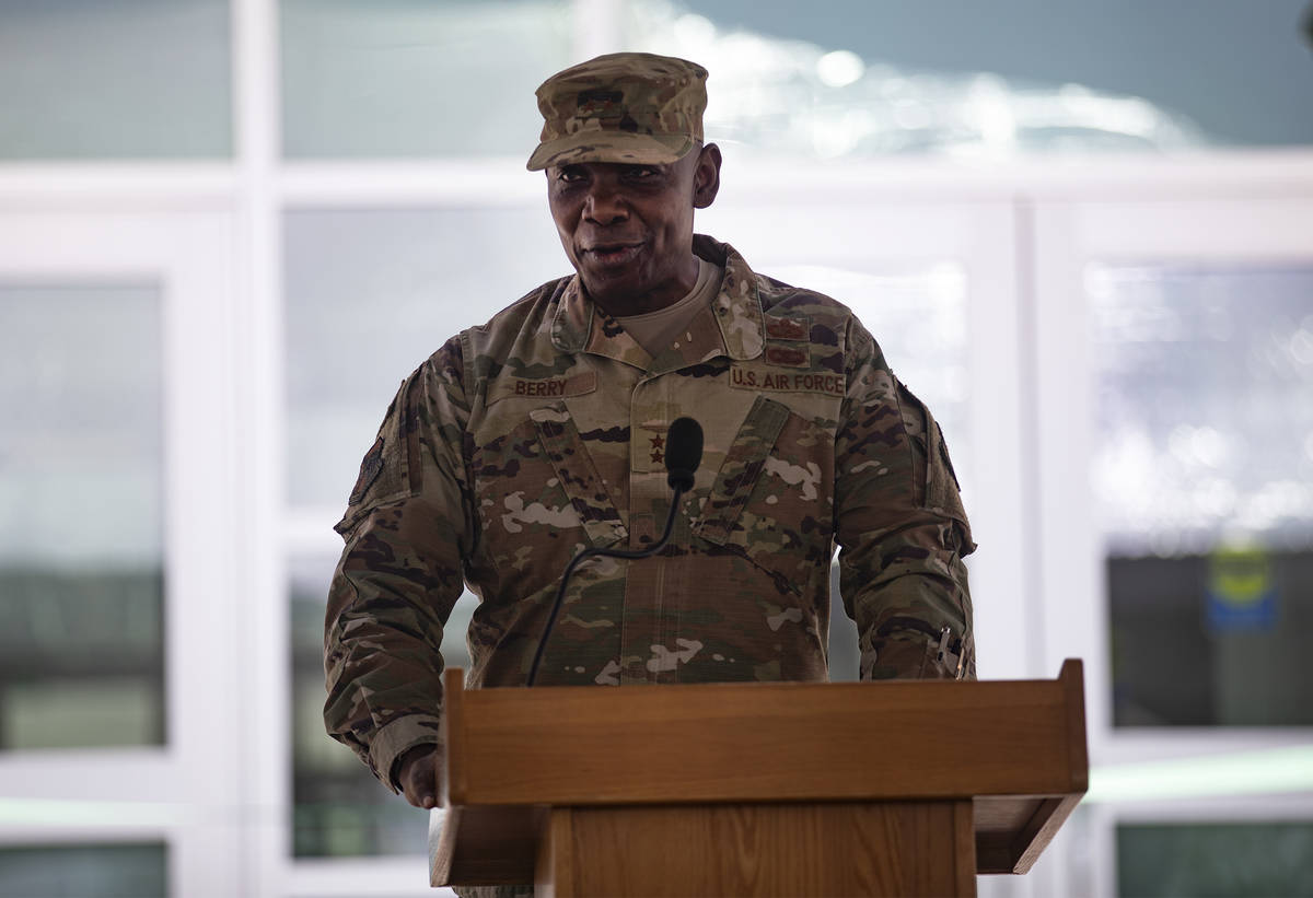 Nevada National Guard Major General Ondra Berry addresses the audience at a ribbon cutting cere ...