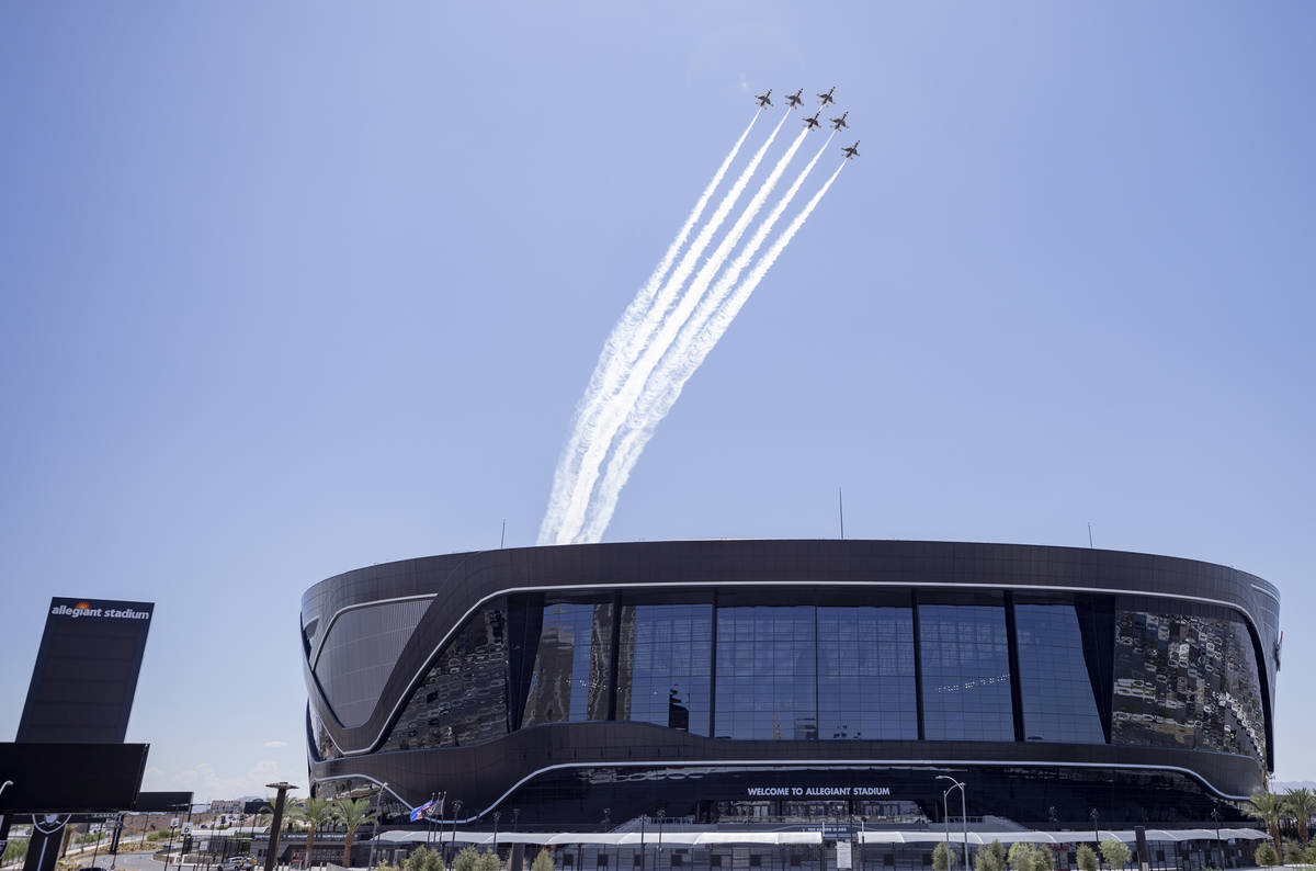 The U.S. Air Force Thunderbirds fly over the Allegiant Stadium on Aug. 31, 2020. (Elizabeth Bru ...