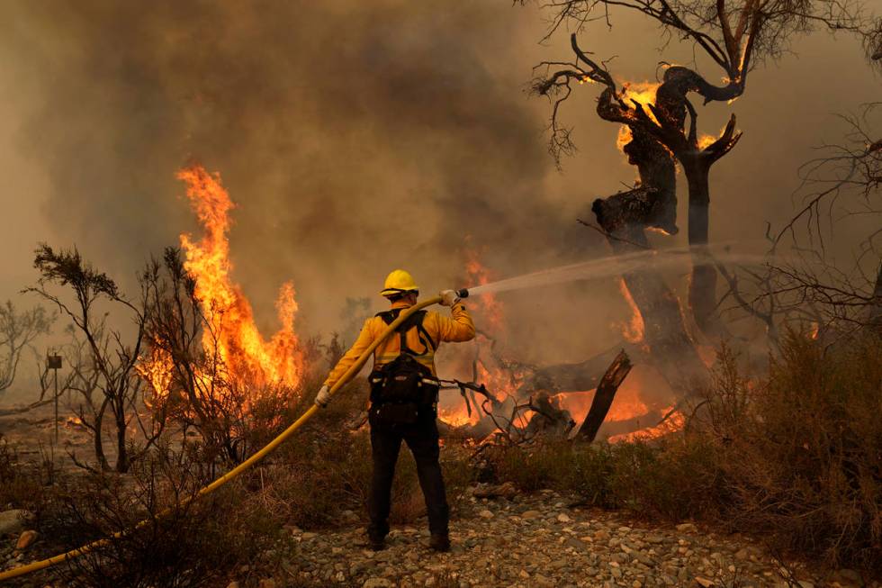 Jesse Vasquez, of the San Bernardino County Fire Department, hoses down hot spots from the Bobc ...