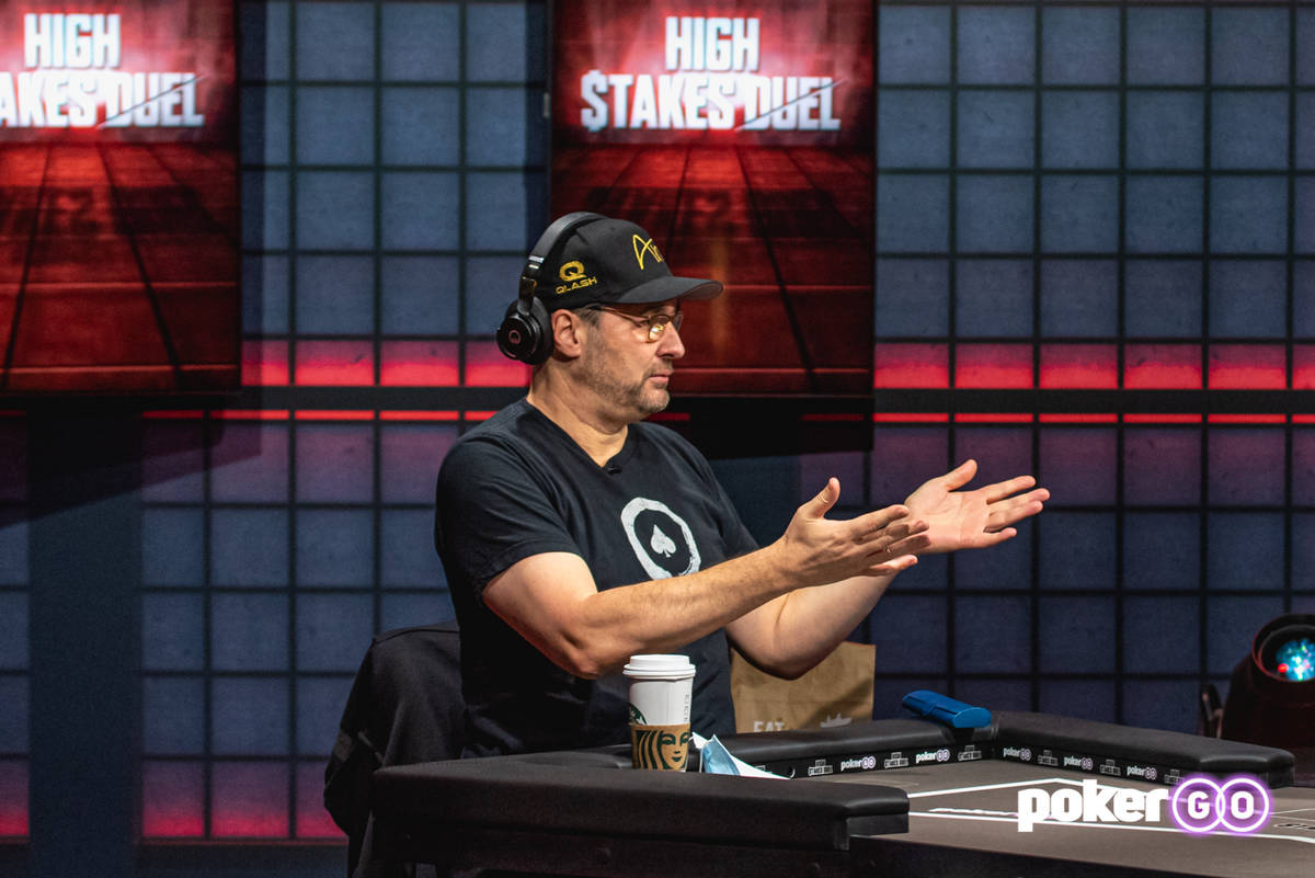 Phil Hellmuth on the set of "High Stakes Duel" on PokerGO. He is meeting Antonio Esfandiari in ...