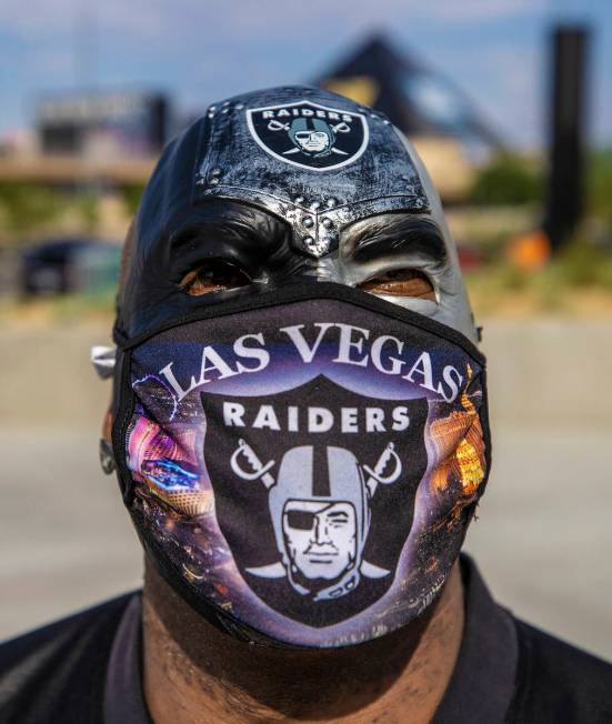 Vegas fan James Packer outside Allegiant Stadium before the start of an NFL football game betwe ...