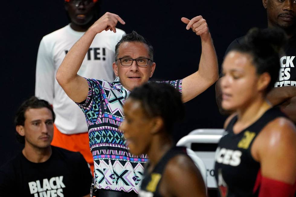 Connecticut Sun head coach Curt Miller calls a play during the first half of Game 2 of a WNBA b ...