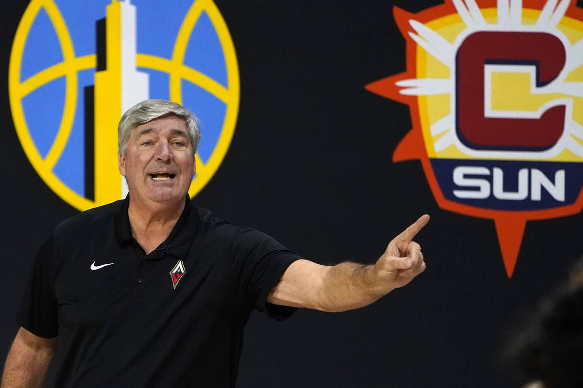 Las Vegas Aces head coach Bill Laimbeer gestures during the second half of Game 2 of a WNBA bas ...