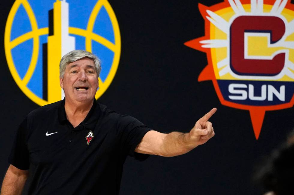 Las Vegas Aces head coach Bill Laimbeer gestures during the second half of Game 2 of a WNBA bas ...