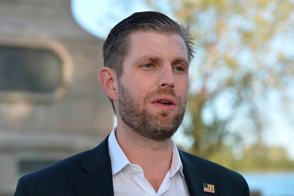 Eric Trump is shown, Monday, Sept. 21, 2020, at Perry Monument at Presque Isle State Park, near ...