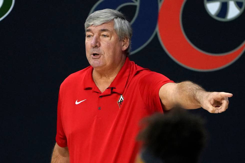 Las Vegas Aces head coach Bill Laimbeer gestures during the first half of Game 3 of a WNBA bask ...