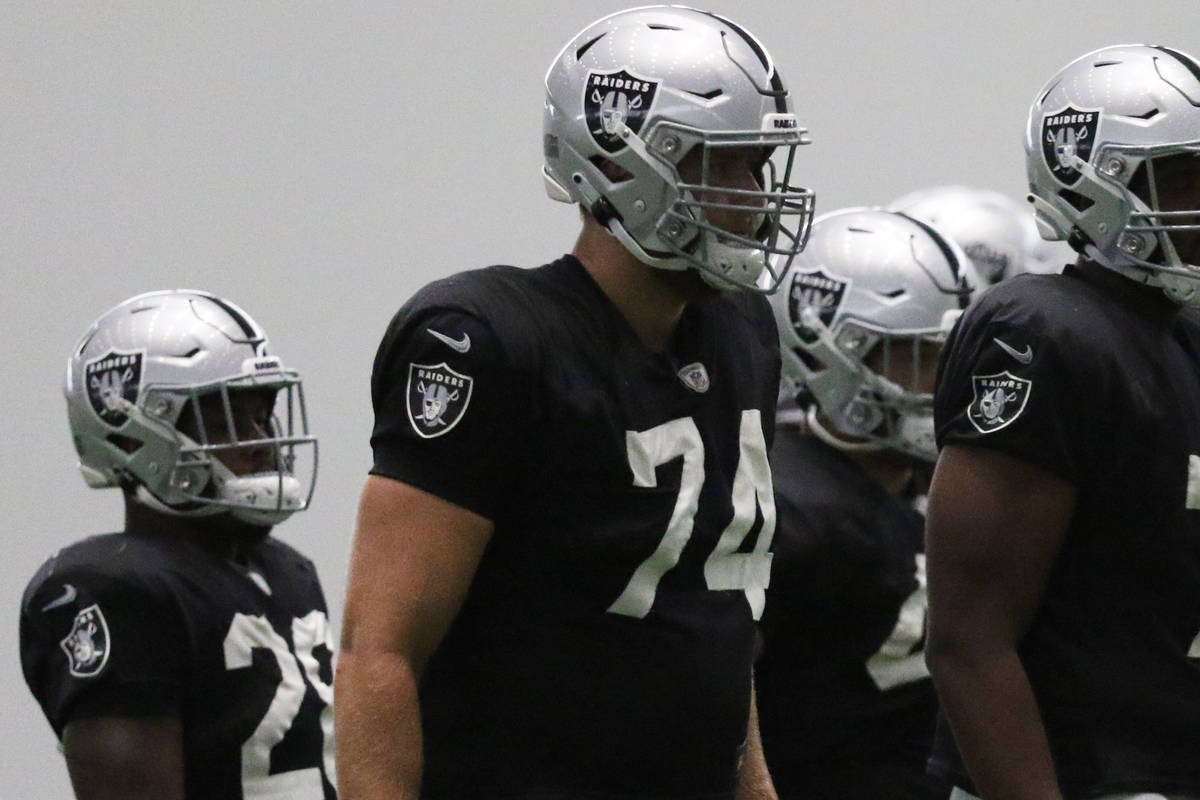 Las Vegas Raiders offensive tackles Kolton Miller (74) and Brandon Parker (75) warm up during a ...