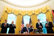 President Donald Trump speaks in the Oval Office of the White House on Friday, Sept. 11, 2020, ...