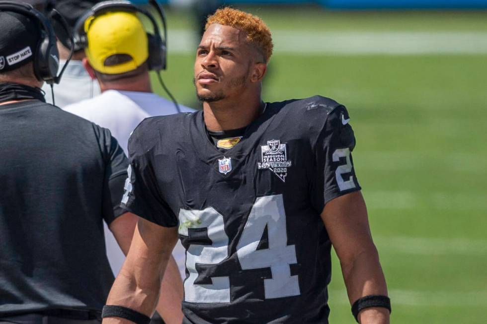 Las Vegas Raiders safety Johnathan Abram (24) looks at the scoreboard in the 4th quarter of an ...