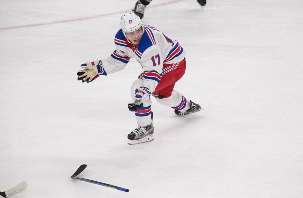 New York Rangers right wing Jesper Fast (17) reacts after dropping his hockey stick during the ...