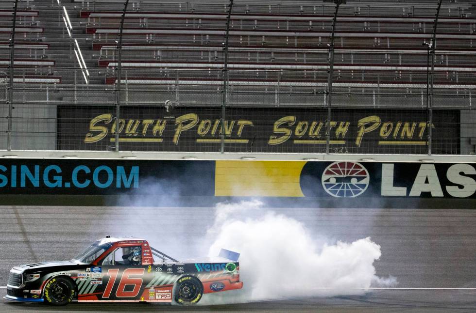 Austin Hill (16) wins the NASCAR Westgate 200 at Las Vegas Motor Speedway on Friday, Sept. 25, ...