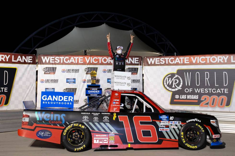 Austin Hill (16) wins the NASCAR Westgate 200 at Las Vegas Motor Speedway on Friday, Sept. 25, ...