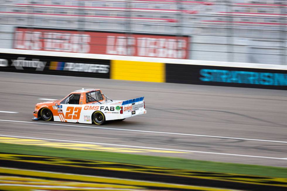 Brett Moffitt (23) races during the NASCAR Westgate 200 at Las Vegas Motor Speedway on Friday, ...