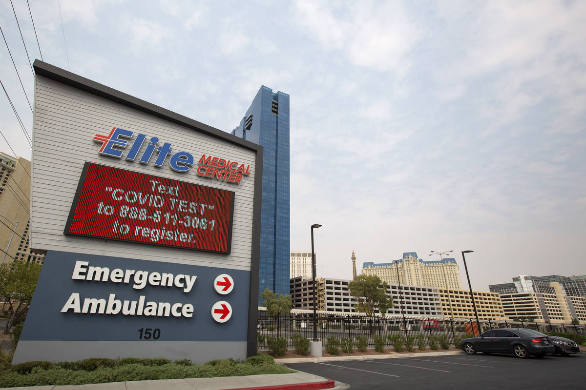 A sign advertises COVID-19 testing at Elite Medical Center on Friday, Sept. 18, 2020, in Las Ve ...