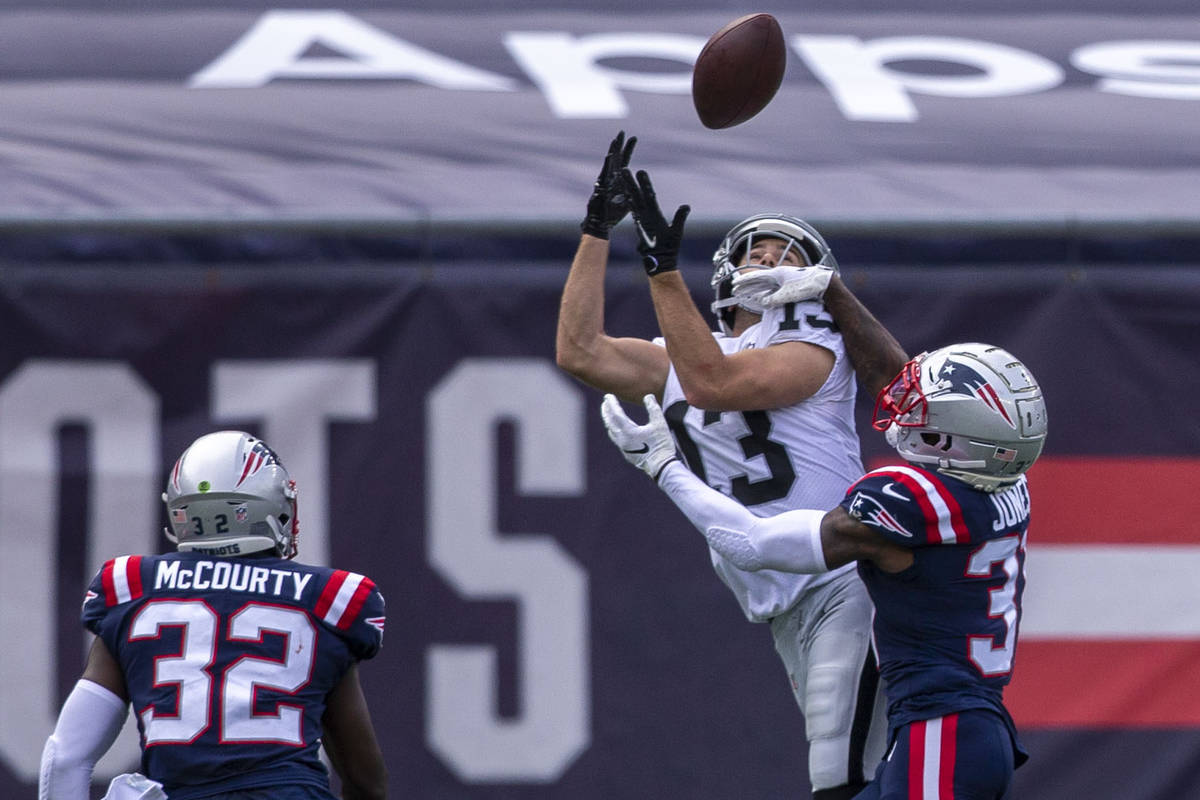 Las Vegas Raiders wide receiver Hunter Renfrow (13) prepares to catch the football as New Engla ...