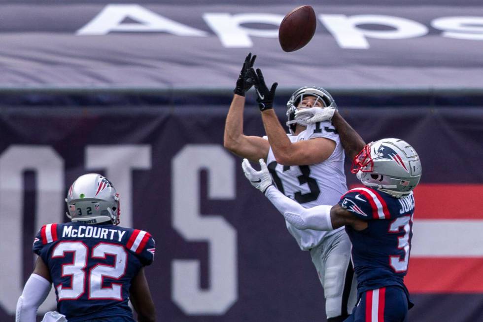 Las Vegas Raiders wide receiver Hunter Renfrow (13) prepares to catch the football as New Engla ...