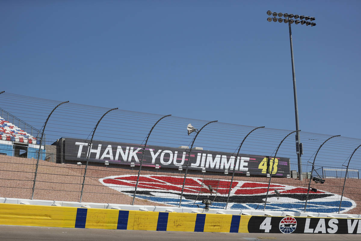 A message for Jimmie Johnson is painted on a wall at the Las Vegas Motor Speedway in Las Vegas ...
