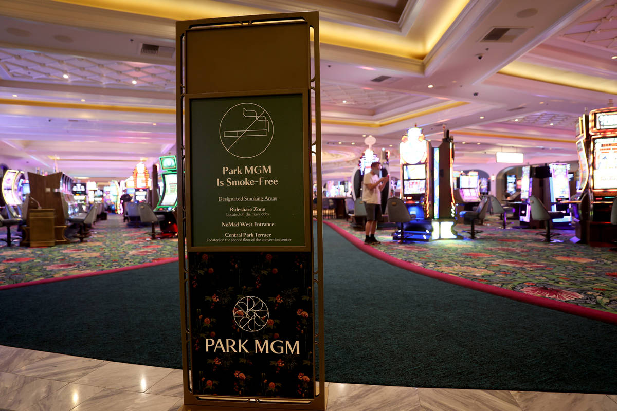 A sign informs guests about the new smoke-free policy as Park MGM reopens after the coronavirus ...