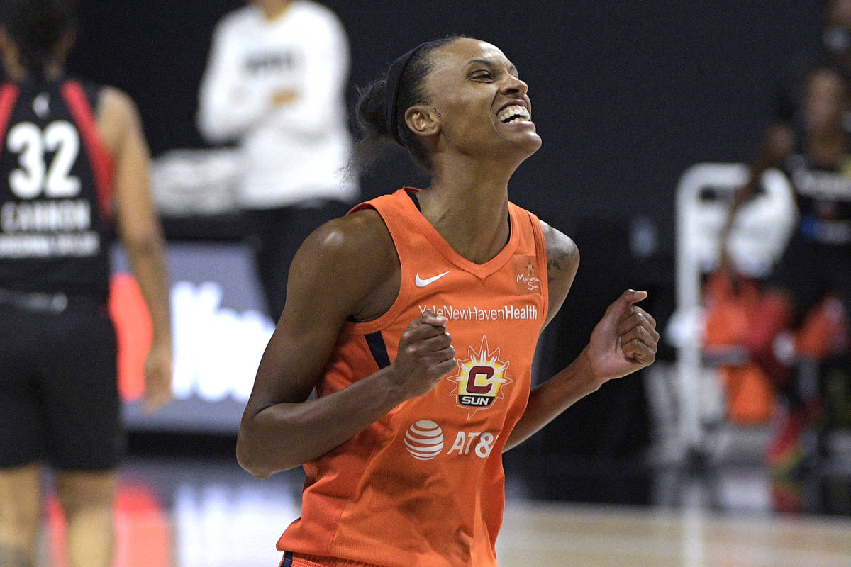 Connecticut Sun forward DeWanna Bonner reacts after a shot during the first half of Game 5 of a ...