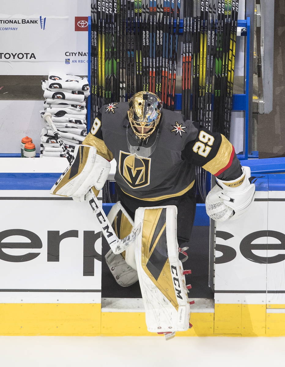 Vegas Golden Knights goalie Marc-Andre Fleury (29) hits the ice for warm-up before NHL Western ...