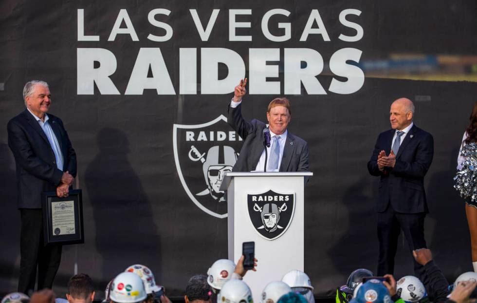 Las Vegas Raiders owner Mark Davis addresses the crowd during a ceremony at Allegiant Stadium o ...