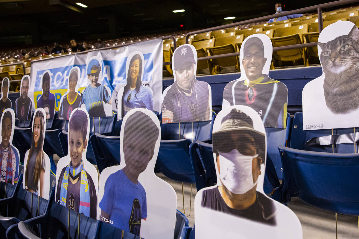 Cardboard cutouts of fans are seen during the second half of a USL soccer game against Reno 186 ...