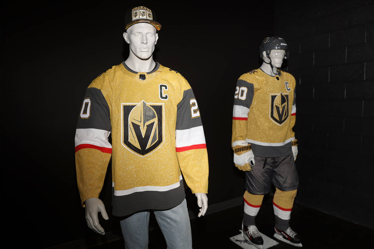 The Vegas Golden Knights third jersey is displayed at City National Arena in Las Vegas, Friday, ...