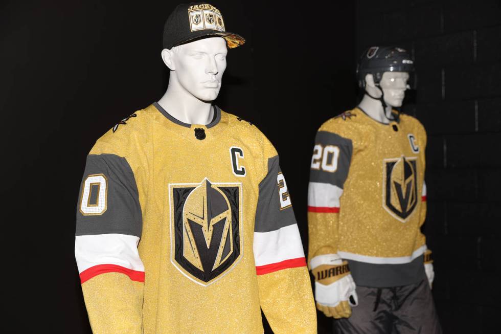 The Vegas Golden Knights third jersey is displayed at City National Arena in Las Vegas, Friday, ...