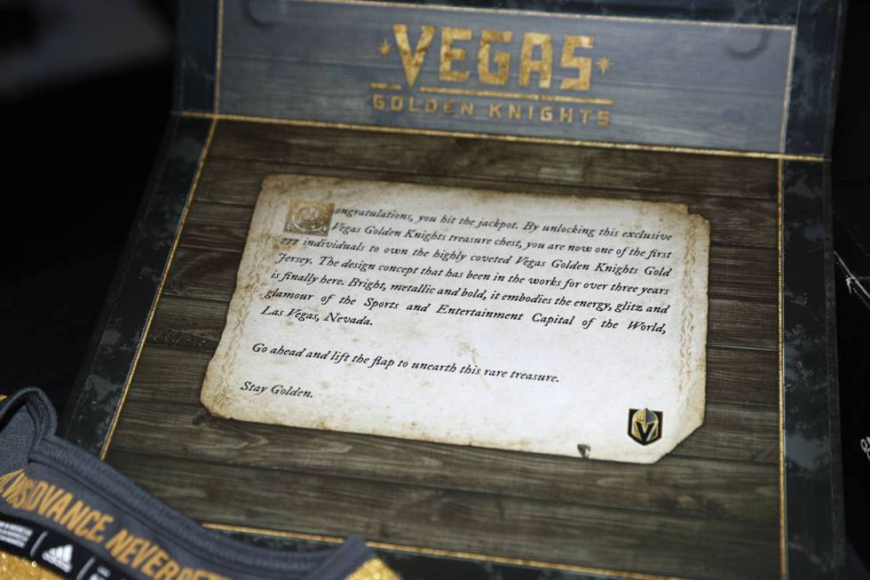 A message inside of a Vegas Golden Knights Adidas treasure chest which includes the team's thir ...