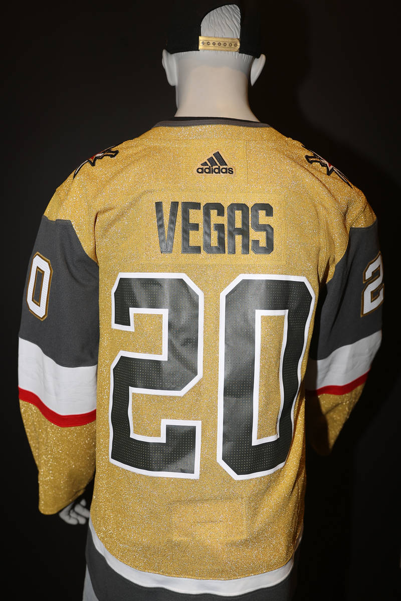 The Vegas Golden Knights third jersey is displayed at City National Arena in Las Vegas, Friday, ...