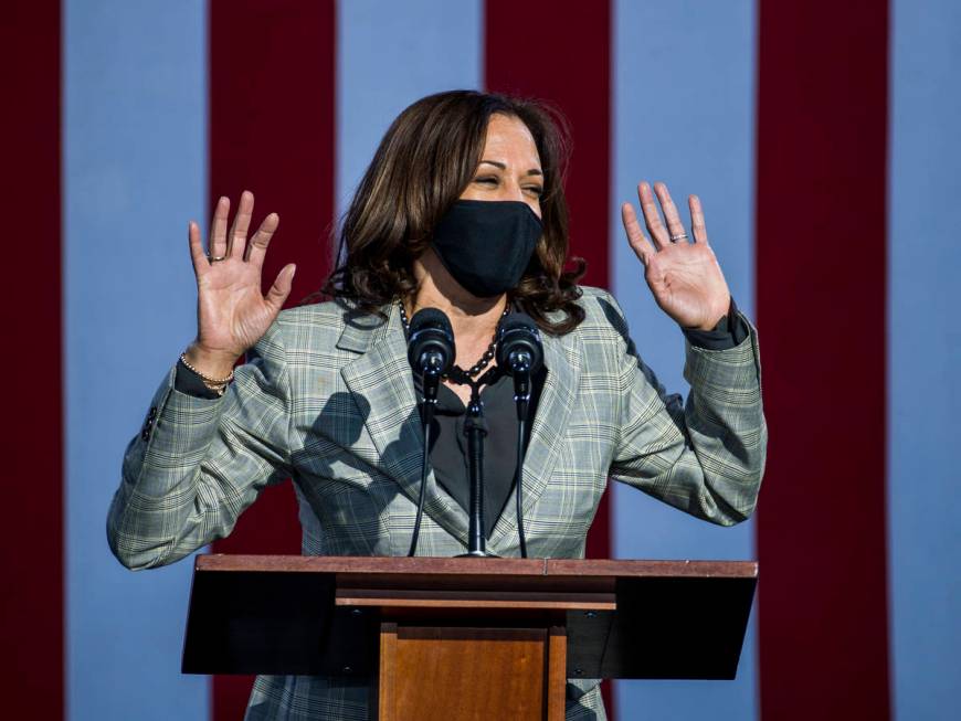 Democratic vice presidential nominee Kamala Harris talks about Nevada during a drive-in rally a ...