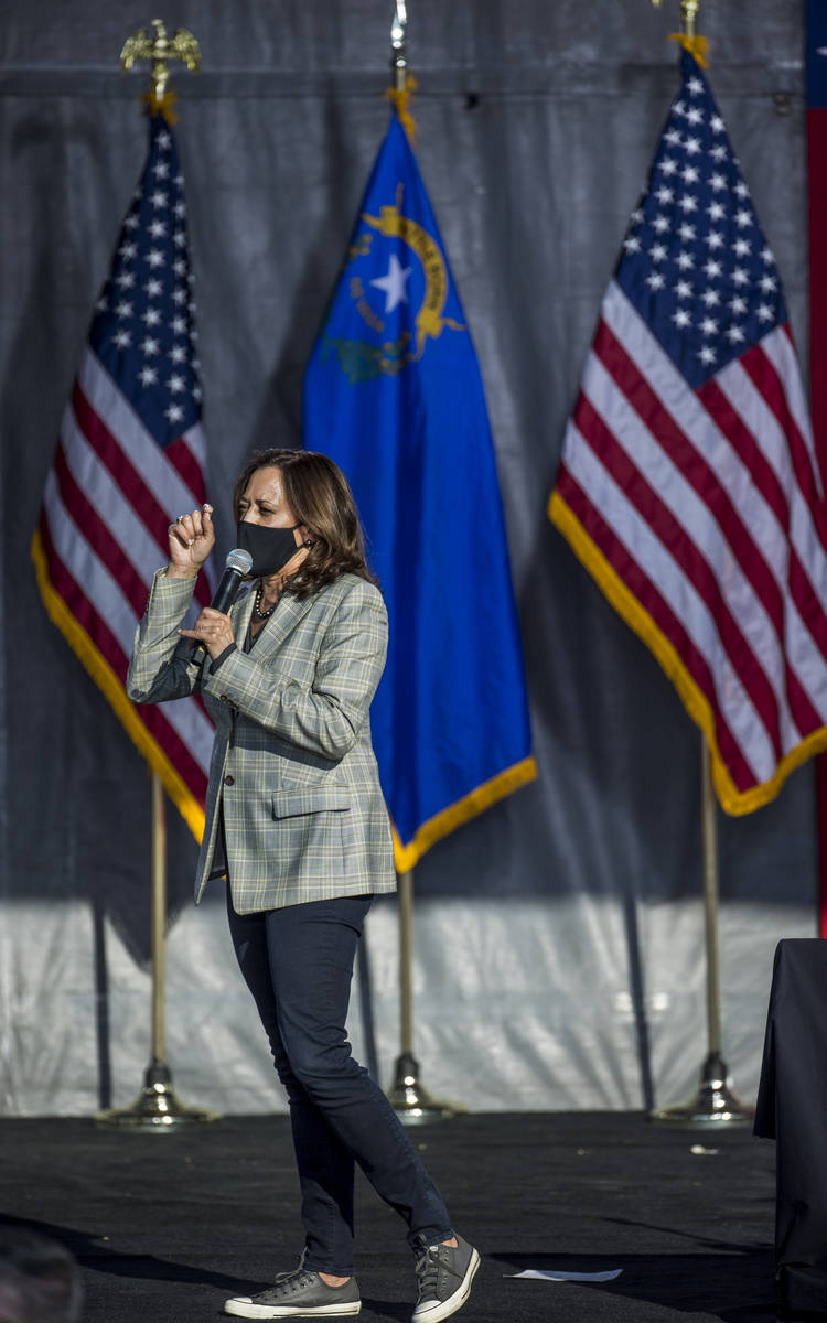 Democratic vice presidential nominee Kamala Harris tells the crowd about Democratic presidentia ...