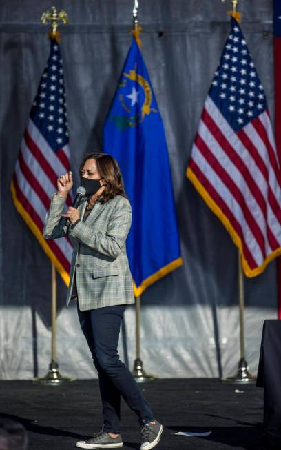 Democratic vice presidential nominee Kamala Harris tells the crowd about Democratic presidentia ...