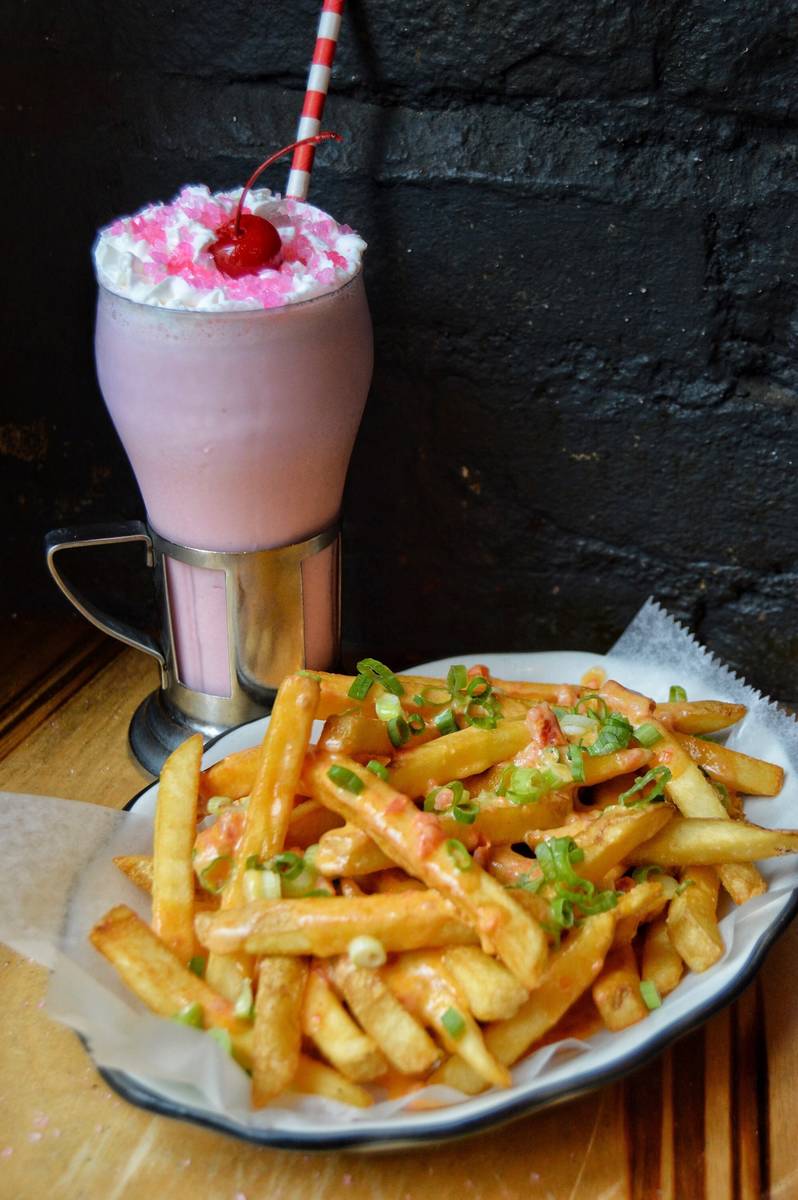 Mean Girls Classic Bubble Gum Shake and cheese fries at Black Tap. (Black Tap Craft Burgers & F ...