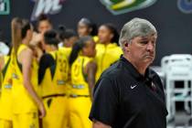 Las Vegas Aces head coach Bill Laimbeer reacts as he walks off the court while the Seattle Stor ...