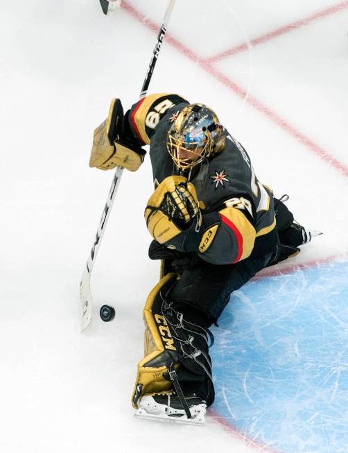 Vegas Golden Knights goalie Marc-Andre Fleury (29) makes a save against the Dallas Stars during ...