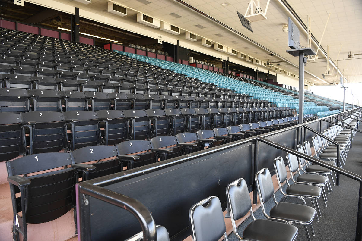 Empty seats are seen ahead of the 145th Preakness horse race, Saturday, Oct. 3, 2020, in Baltim ...