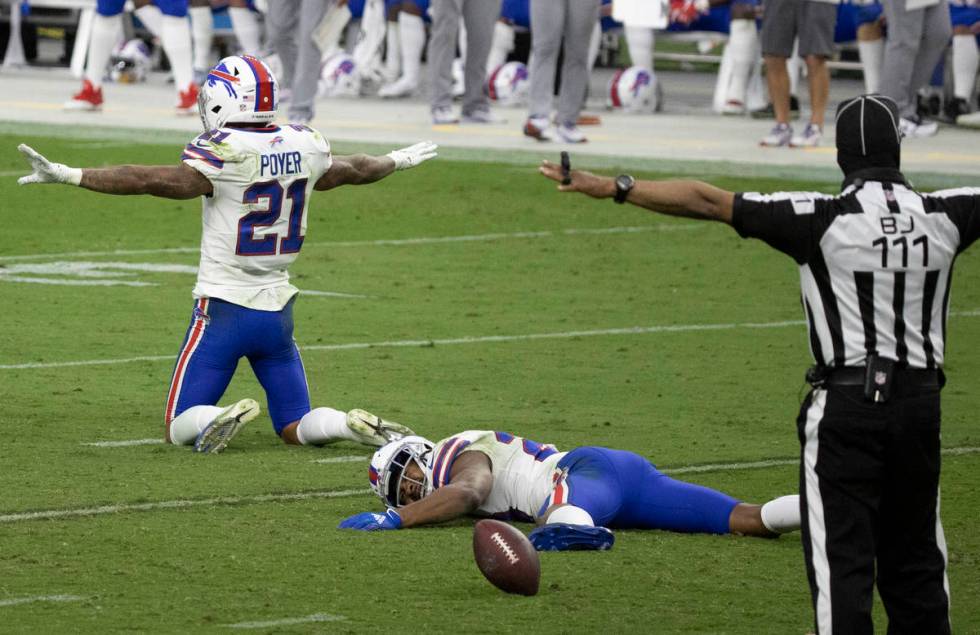 Buffalo Bills free safety Jordan Poyer (21) and Buffalo Bills cornerback Josh Norman (29) celeb ...