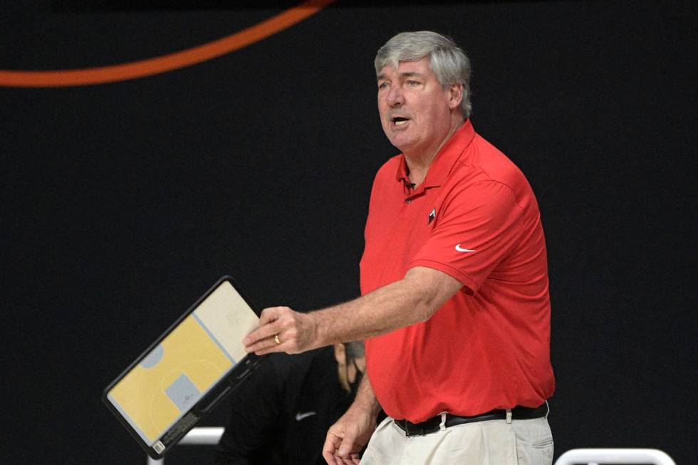 Las Vegas Aces head coach Bill Laimbeer argues with an official during the first half of Game 2 ...
