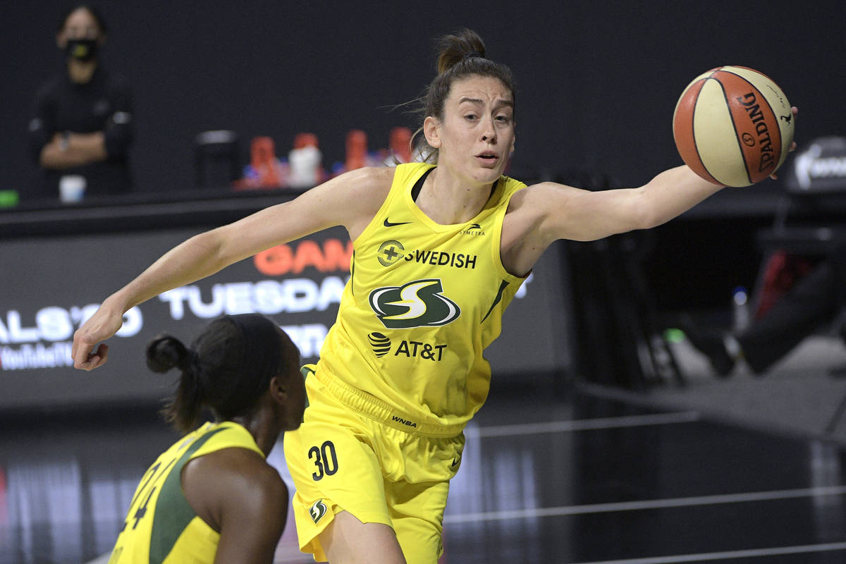 Seattle Storm forward Breanna Stewart (30) saves a ball from going out of bounds by tipping it ...