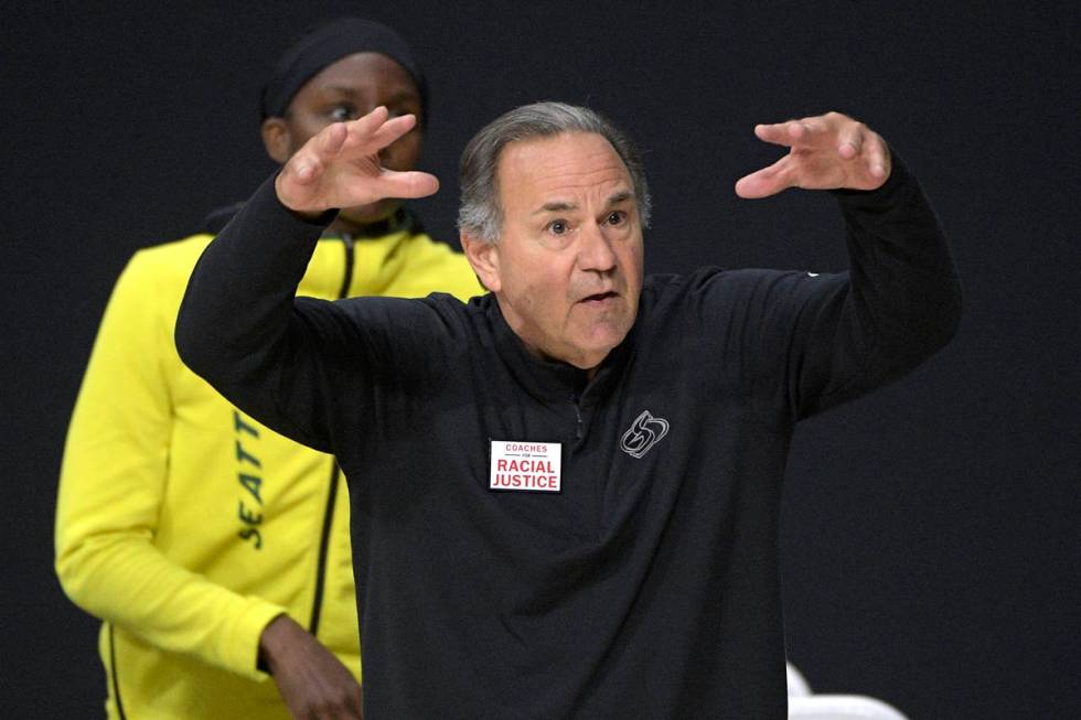 Seattle Storm head coach Gary Kloppenburg reacts to a call by an official during the first half ...